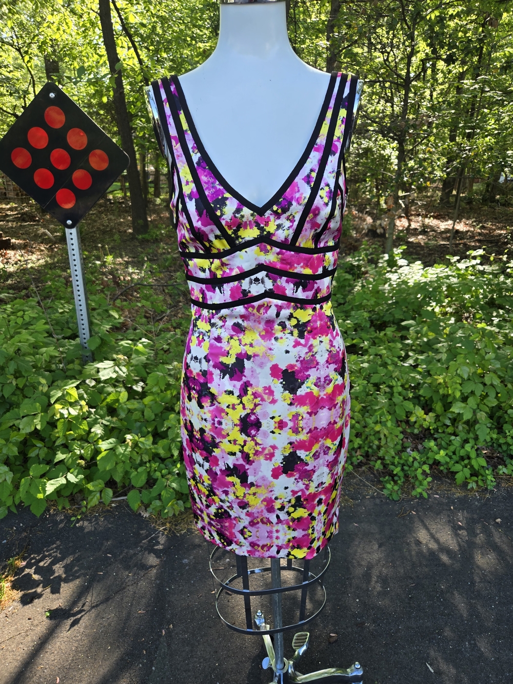 JAYGODFREY Pink, Yellow & Black Floral V-Neck Midi Dress